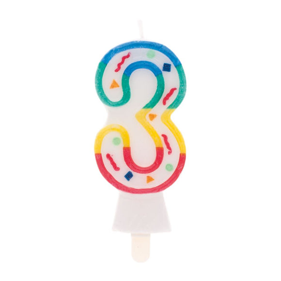 Candelina numero 3 multicolor per festa di compleanno